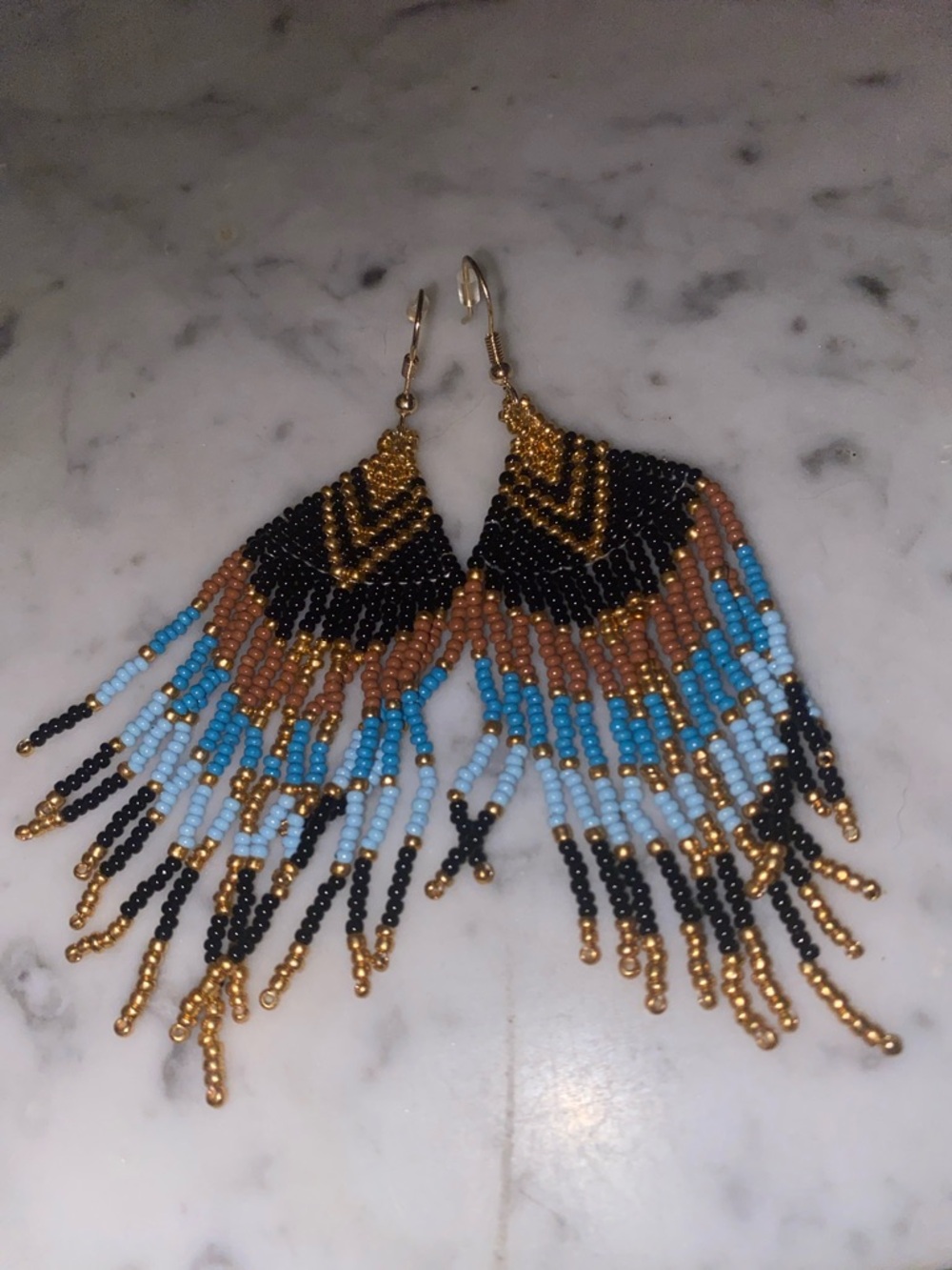 BOHO Beaded Fringe Earrings - Shades of blue with gold 3”